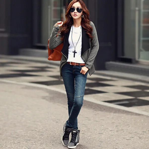 New Fashion Women Autumn Korean Style Slim Turn Down Lapel Collar Side Zipper Coat Jacket