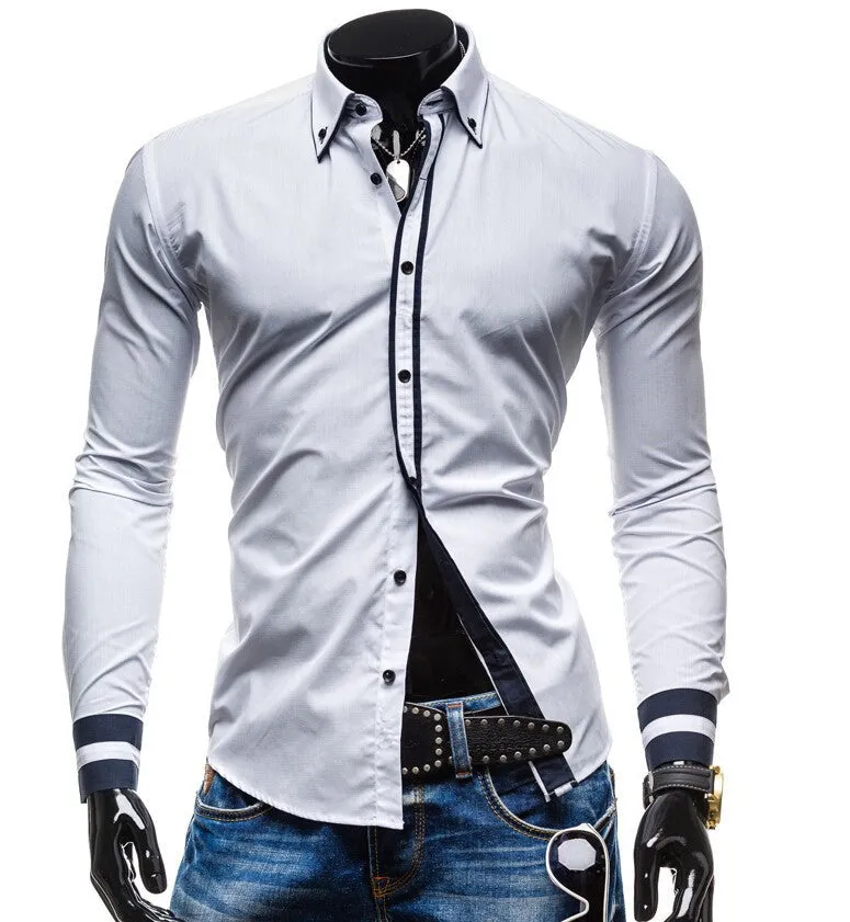 New Mens Long Sleeved Dress Shirts Double Collar Button Unique Design Slim Fit Brand Shirts