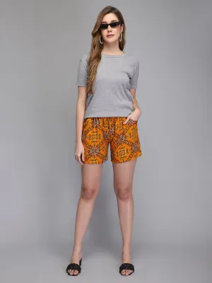 Printed yellow rayon women shorts