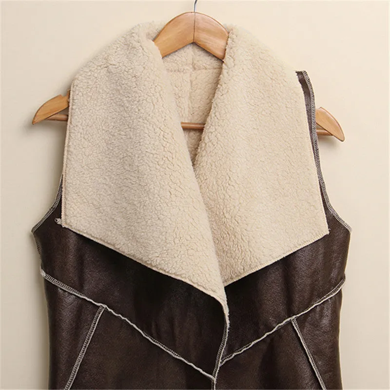 Winter Women Lady Leisure Fashion Warm Faux Fur Collar Vest Long LeatherA Waistcoat Coat Outerwear Brown