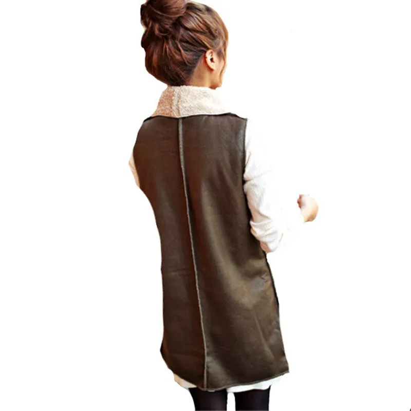 Winter Women Lady Leisure Fashion Warm Faux Fur Collar Vest Long LeatherA Waistcoat Coat Outerwear Brown