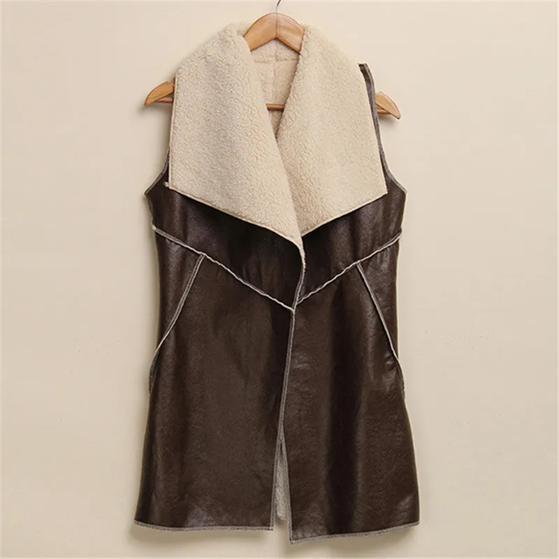 Winter Women Lady Leisure Fashion Warm Faux Fur Collar Vest Long LeatherA Waistcoat Coat Outerwear Brown