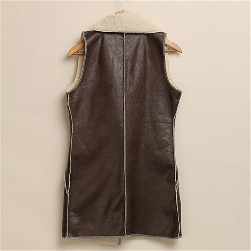 Winter Women Lady Leisure Fashion Warm Faux Fur Collar Vest Long LeatherA Waistcoat Coat Outerwear Brown