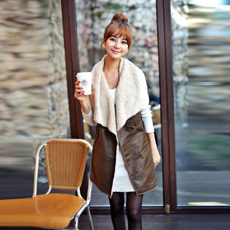 Winter Women Lady Leisure Fashion Warm Faux Fur Collar Vest Long LeatherA Waistcoat Coat Outerwear Brown