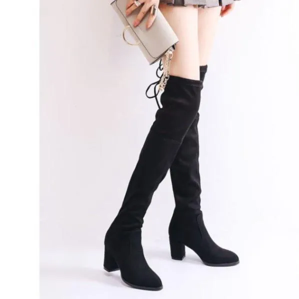 Women comfortable keep warm chunky heel back lace up over the knee boots