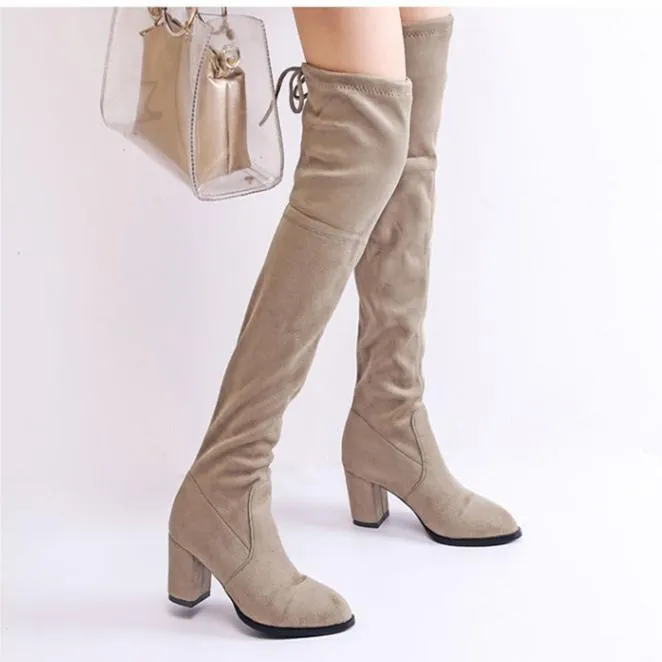 Women comfortable keep warm chunky heel back lace up over the knee boots