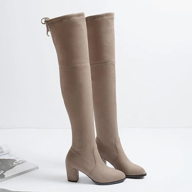 Women comfortable keep warm chunky heel back lace up over the knee boots