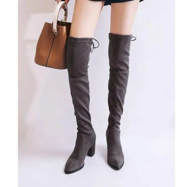 Women comfortable keep warm chunky heel back lace up over the knee boots