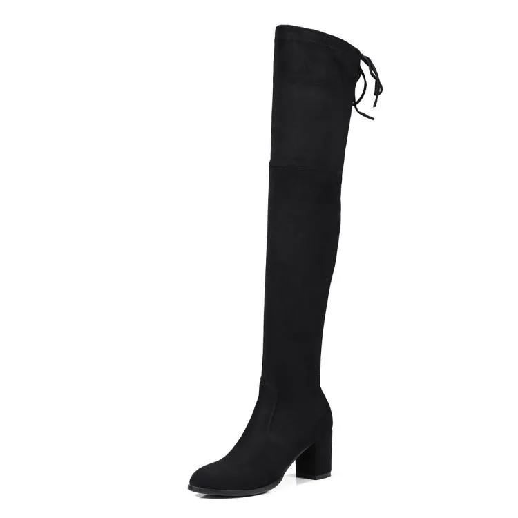 Women comfortable keep warm chunky heel back lace up over the knee boots