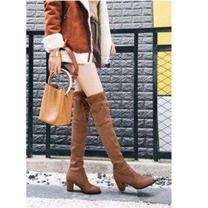 Women comfortable keep warm chunky heel back lace up over the knee boots