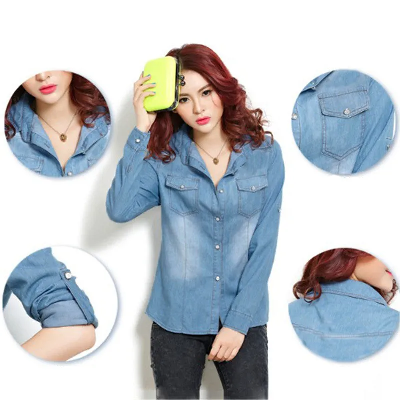 Women Cotton Boyfriend Lapel Long Sleeve Button Down Denim Jean Shirt Blouse Top