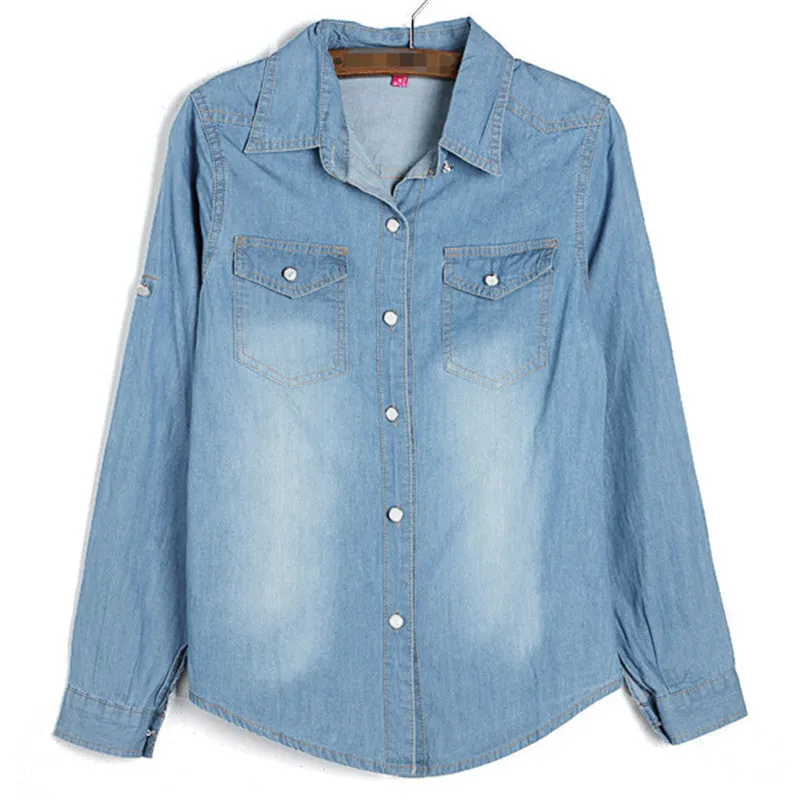 Women Cotton Boyfriend Lapel Long Sleeve Button Down Denim Jean Shirt Blouse Top