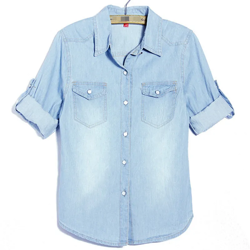 Women Cotton Boyfriend Lapel Long Sleeve Button Down Denim Jean Shirt Blouse Top