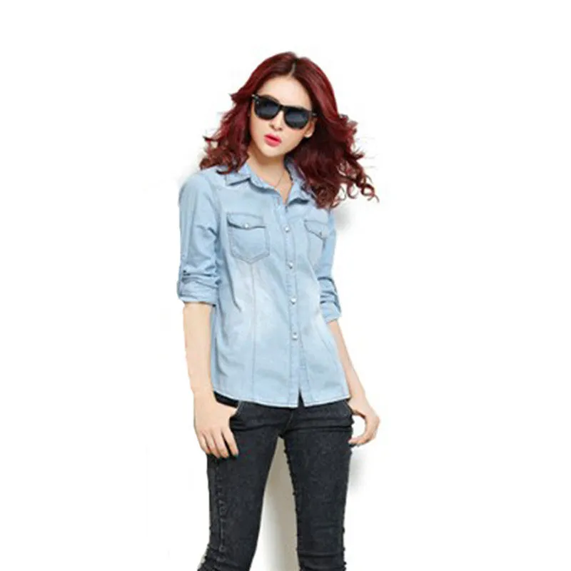 Women Cotton Boyfriend Lapel Long Sleeve Button Down Denim Jean Shirt Blouse Top