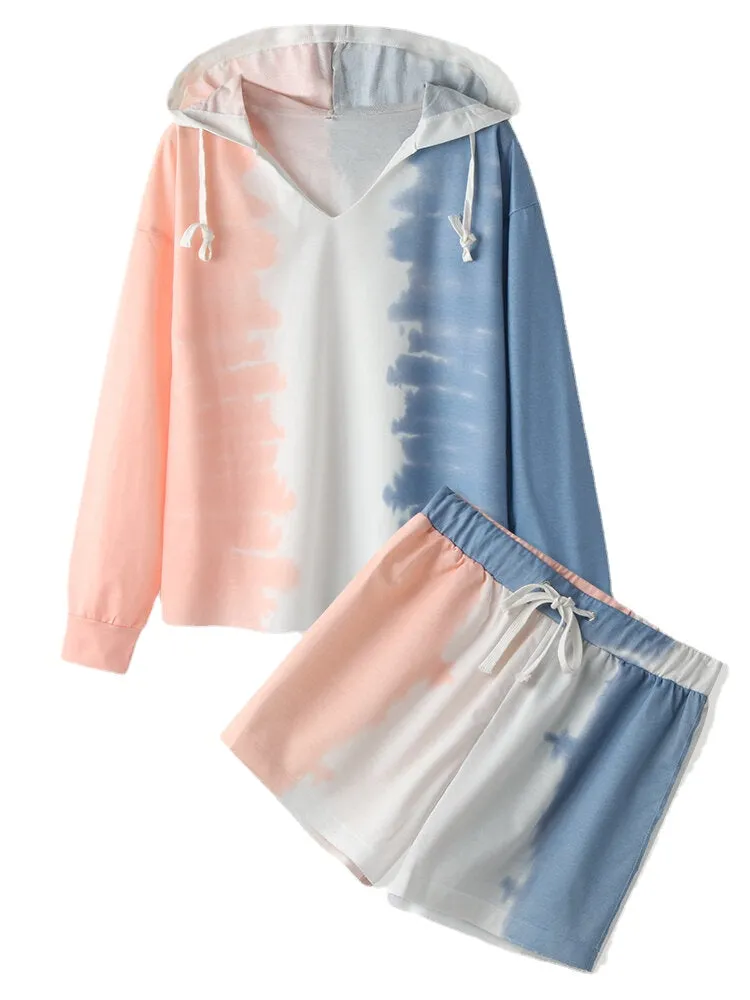 Women Design Tie Dye Hooded Long Sleeve Drawstring Simple Home Pajama Set