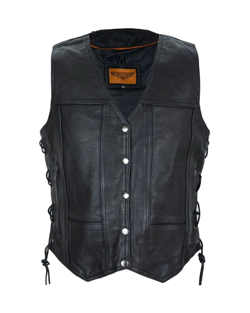 Womens Cowhide Leather Motorcycle 7 Pockets Vest with Conceal Carry Pockets