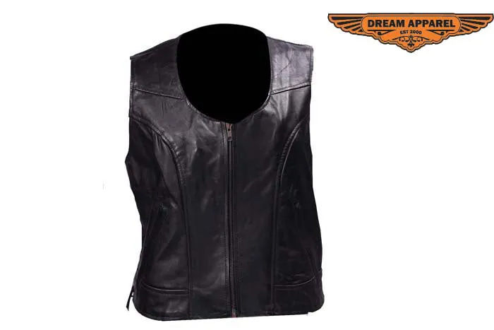 Women's Leather Zippered Vest with Side Laces