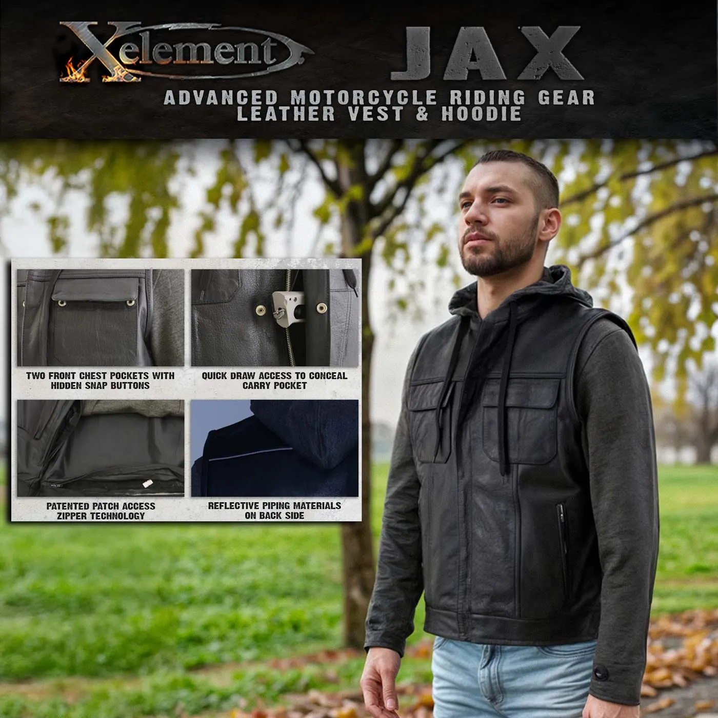 Xelement BXU1006 Men's 'Jax' Black Leather Motorcycle Hoodie Jacket with Convertible Vest